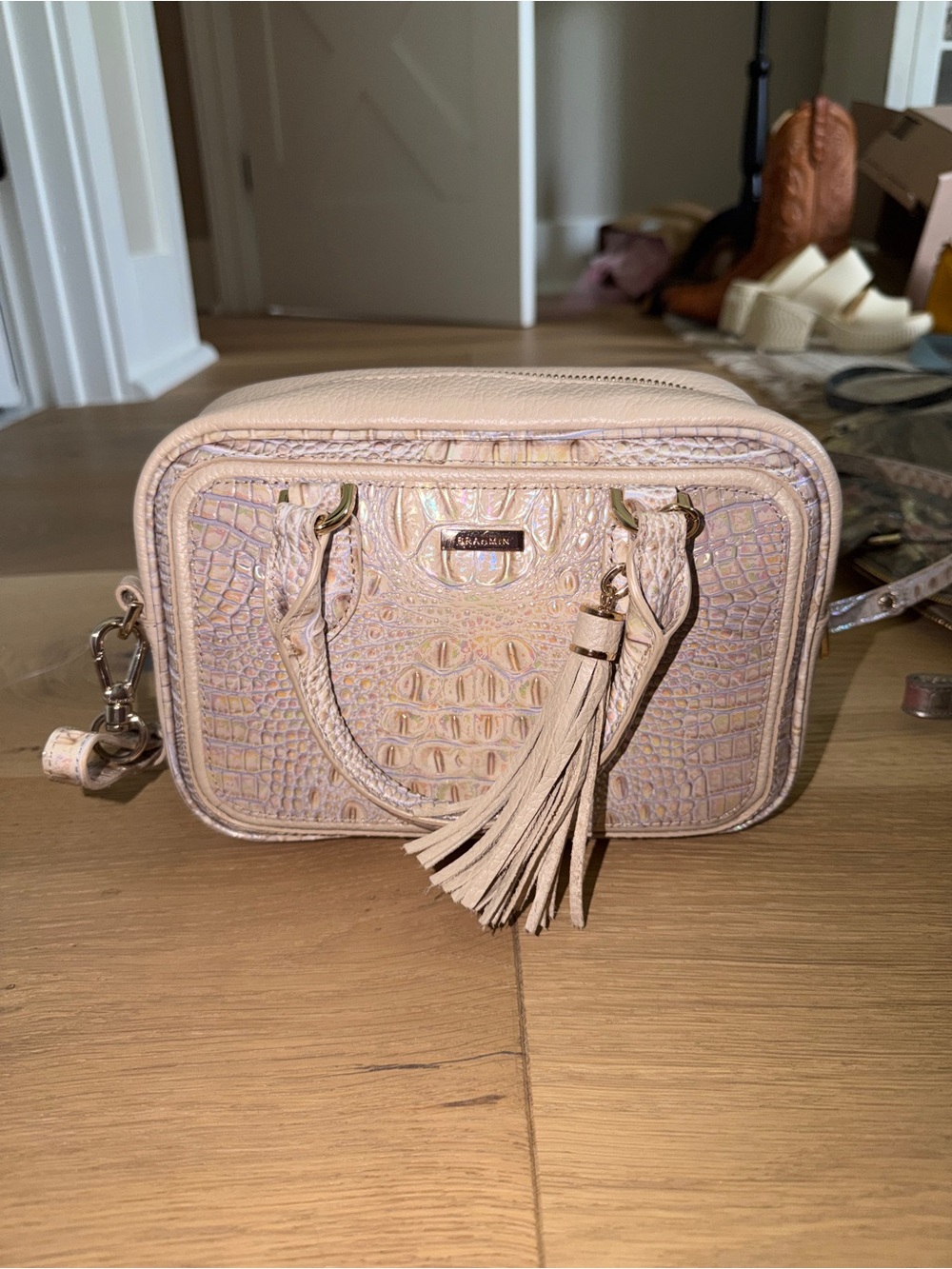 Brahmin Blush Pink Croc-Embossed Leather Crossbody with Tassel